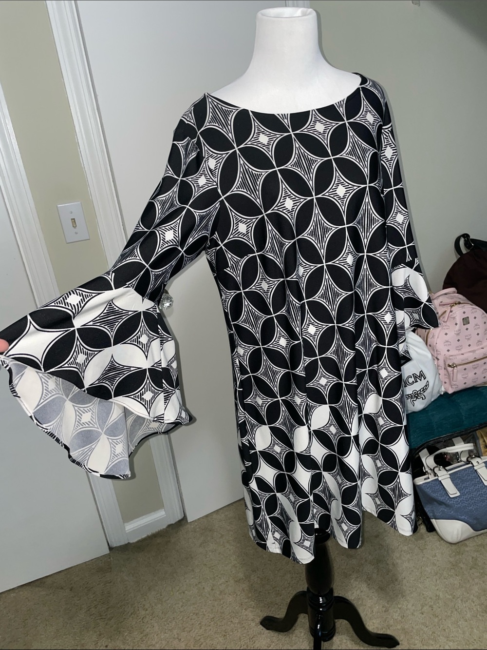 Black & White Geometric Flare dress with bell sleeves